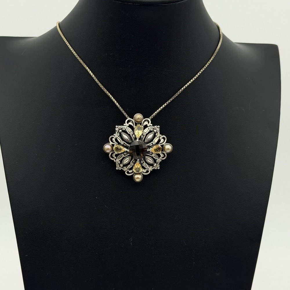 Vtg QVC DP Sterling Silver Smoky Topaz Pendant Necklace Brooch Pin Milor Chain